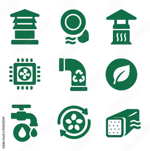 Sustainable Venting Icons. Solid, filled icons set of sustainable venting practices: green vent cap,