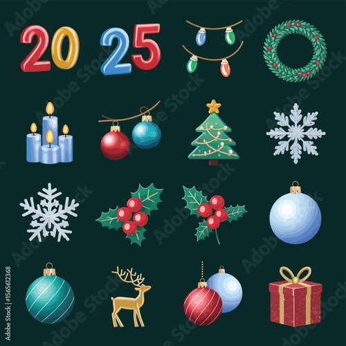 vector Happy New Year Celebrating 2025 in Latin letters , Christmas Decoration Items Santa Claus
