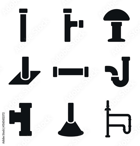 Residential Venting Icons. Solid, filled icons set of residential venting systems: main vent stack, branch