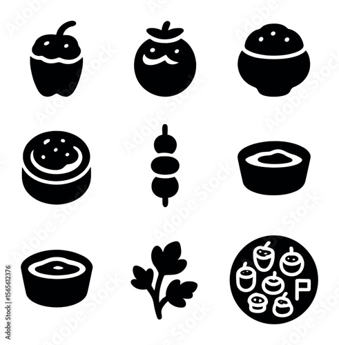Appetizer Icons Grid. Solid, filled icons set of appetizer stuffed vegetables: mini stuffed pepper, bite-sized