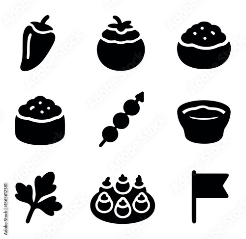 Appetizer Icons Grid. Solid, filled icons set of appetizer stuffed vegetables: mini stuffed pepper, bite-sized