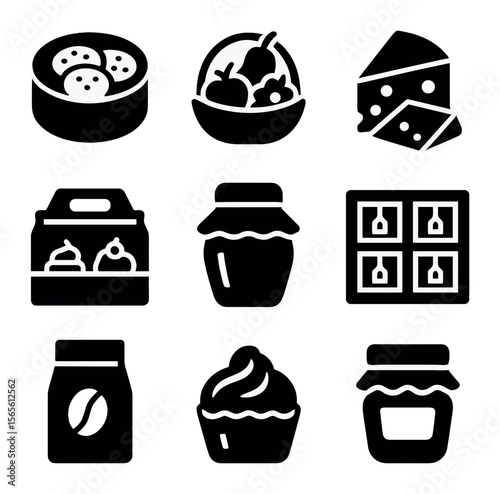 Edible Gifts Icons. Solid, filled icons set of edible appreciation gifts: cookie tin, fruit basket, gourmet
