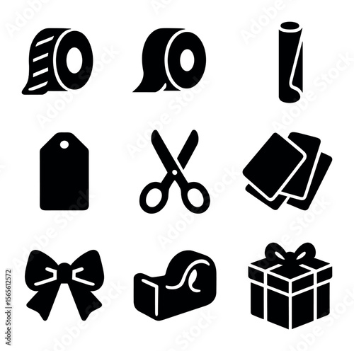 Gift Wrapping Icons. Solid, filled icons set of gift wrapping supplies: decorative tape, ribbon roll, wrapping