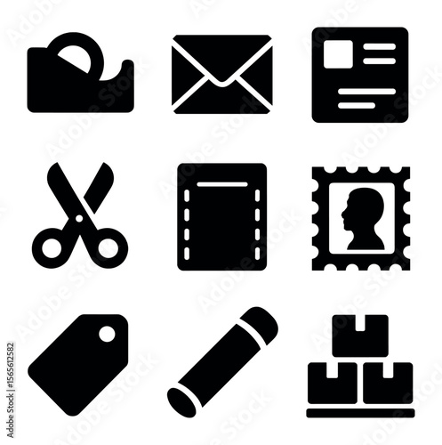 Office Shipping Icons. Solid, filled icons set of office shipping icons: tape dispenser, envelope, mailing