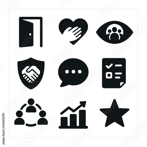 Workplace Culture Icons. Solid, filled icons set of workplace culture change: open door icon, empathy heart,