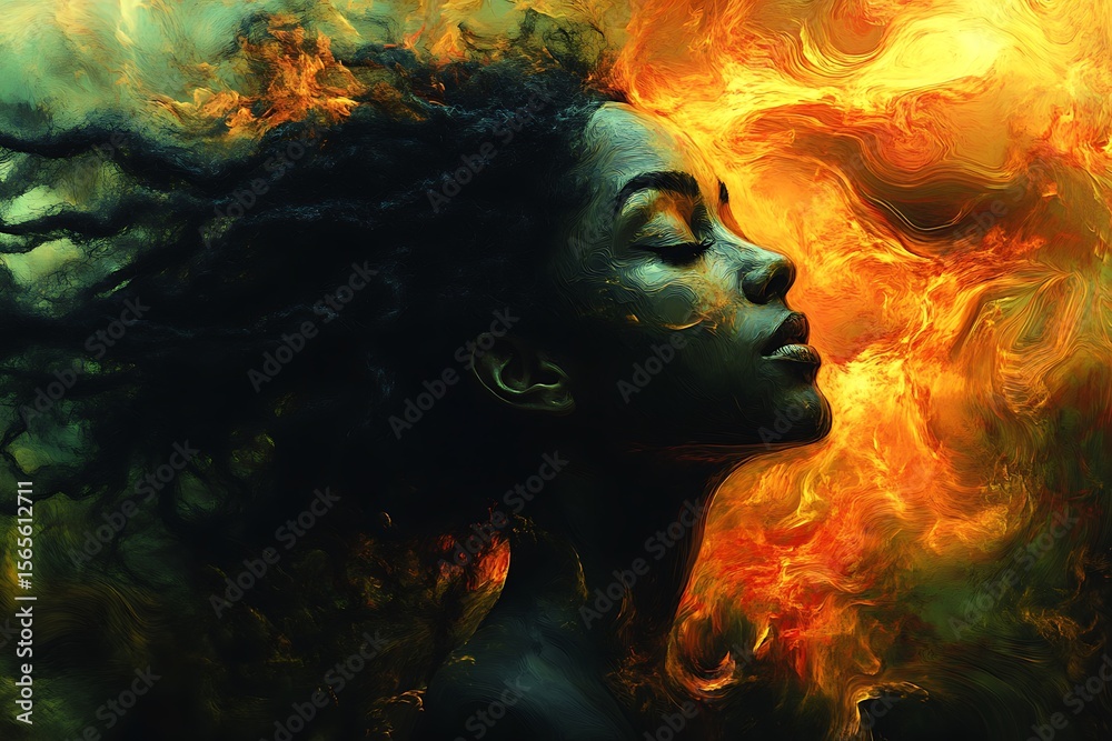 Obraz premium Woman in Abstract Flame Portrait of Beauty and Intensity