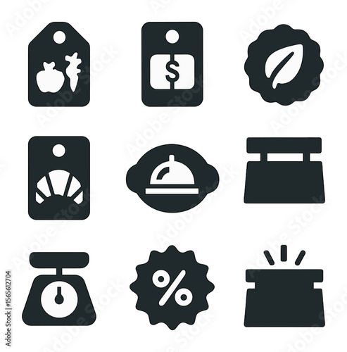 Modern Grocery Icons. Solid, filled icons set of grocery and food labels: fresh produce tag, per-pound price