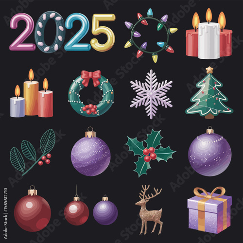vector Happy New Year Celebrating 2025 in Latin letters , Christmas Decoration Items Santa Claus
