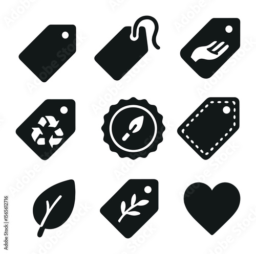 Handmade Product Tags. Solid, filled icons set of handmade product tags: kraft paper tag, twine string label,