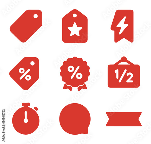 Modern Sale Icon Set. Solid, filled icons set of discount and sale labels: red markdown tag, clearance label,