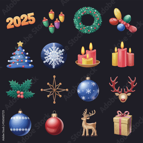 vector Happy New Year Celebrating 2025 in Latin letters , Christmas Decoration Items Santa Claus
