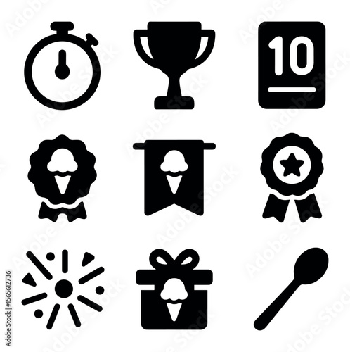 Ice Cream Contest Icons. Solid, filled icons set of ice cream contest ideas: stopwatch timer, trophy cup,