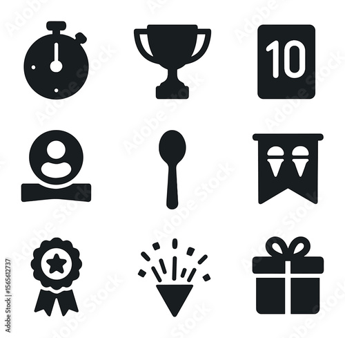 Ice Cream Contest Icons. Solid, filled icons set of ice cream contest ideas: stopwatch timer, trophy cup,