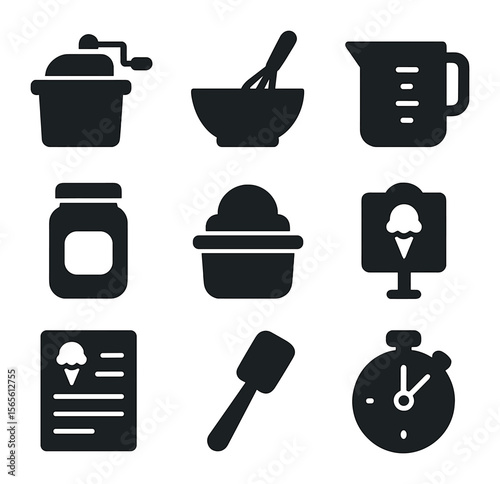 Ice Cream Icon Set. Solid, filled icons set of ice cream making stations: hand crank maker, mixing bowl,