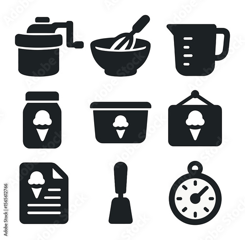 Ice Cream Icon Set. Solid, filled icons set of ice cream making stations: hand crank maker, mixing bowl,