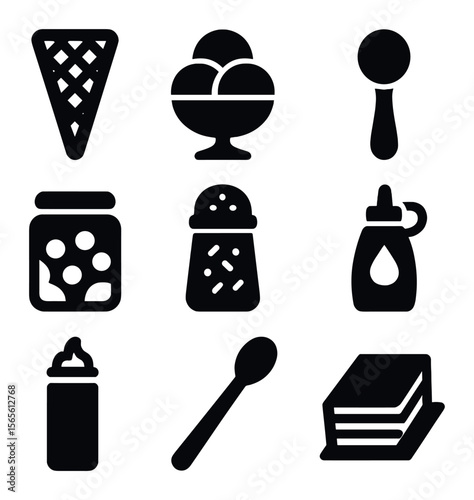 Ice Cream Essentials Icons. Solid, filled icons set of ice cream serving essentials: waffle cone, sundae bowl,