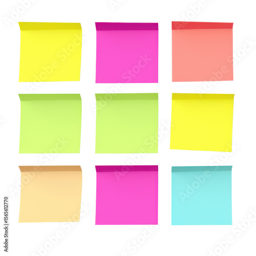 Colorful set of square sticky notes isolated on transparent background, multicolored office reminders cutout
