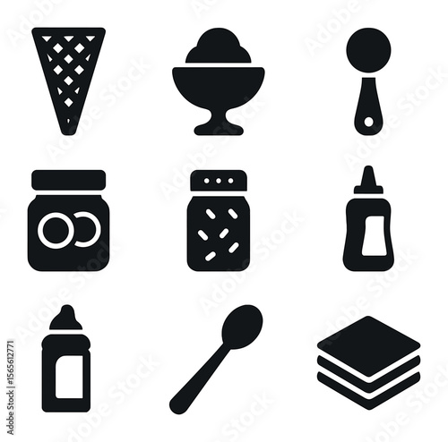 Ice Cream Essentials Icons. Solid, filled icons set of ice cream serving essentials: waffle cone, sundae bowl,