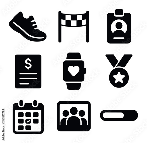 Fundraising Challenge Icons. Solid, filled icons set of fundraising through challenges: running shoes, finish