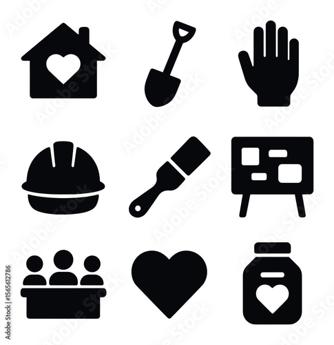 Community Project Icons. Solid, filled icons set of community fundraising projects: community house, garden