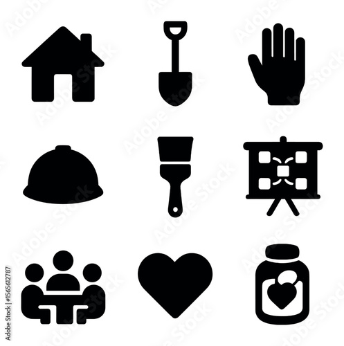 Community Project Icons. Solid, filled icons set of community fundraising projects: community house, garden