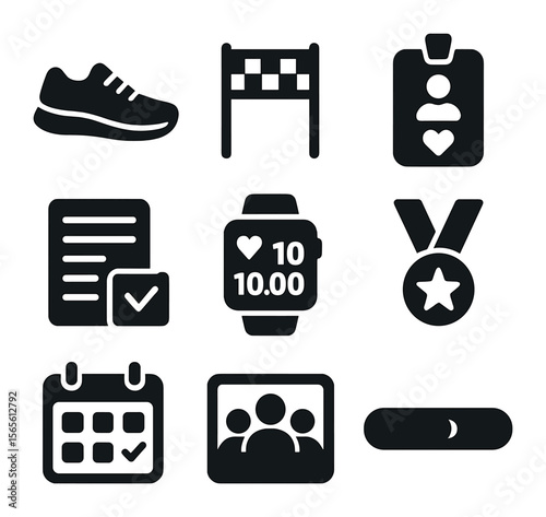 Fundraising Challenge Icons. Solid, filled icons set of fundraising through challenges: running shoes, finish
