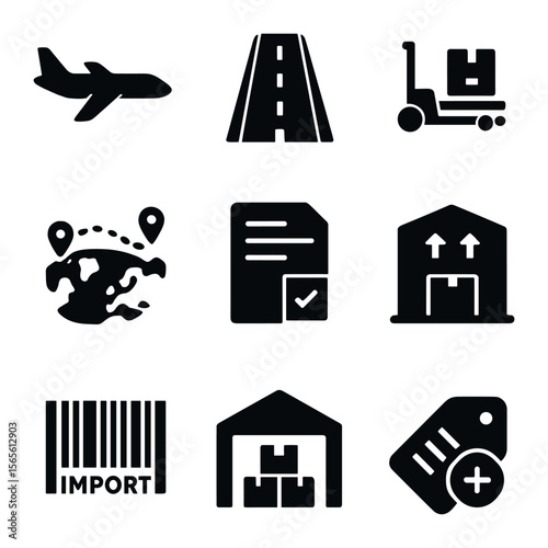 Air Cargo Icons. Solid, filled icons set of air cargo trade routes: cargo airplane, runway icon, pallet loader
