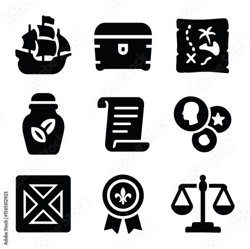 Historical Commerce Icons. Solid, filled icons set of historical commerce routes: sailing galleon, treasure