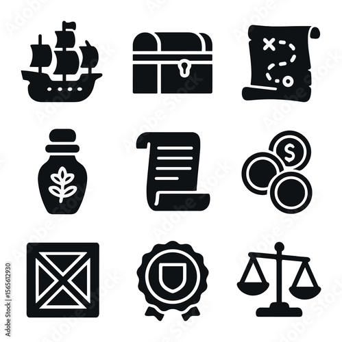 Historical Commerce Icons. Solid, filled icons set of historical commerce routes: sailing galleon, treasure