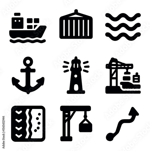 Maritime Shipping Icons. Solid, filled icons set of maritime shipping routes: cargo ship, shipping container,