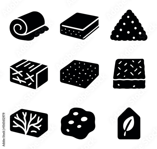 Natural Insulation Icons. Solid, filled icons set of natural insulation options: wool batt, hemp mat,