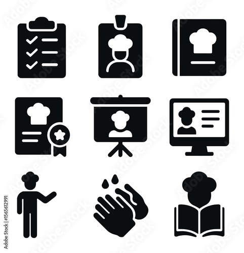 Food Handler Icons. Solid, filled icons set of food handler training: checklist icon, training badge, handbook