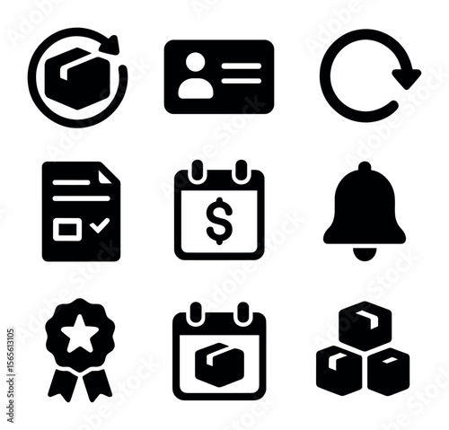 Subscription Shopping Icons. Solid, filled icons set of subscription-based shopping: recurring delivery box,