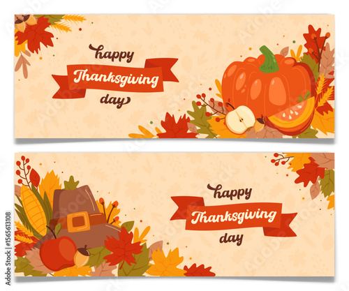 Set of Thanksgiving Banners with Pumpkin and Hat.