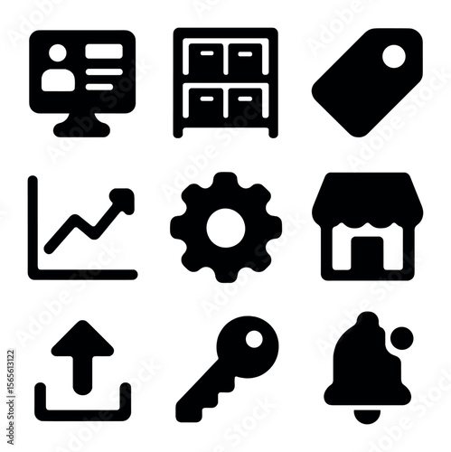 Online Store Icons. Solid, filled icons set of online store management: dashboard screen, inventory shelf,