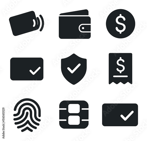 Digital Payment Icons. Solid, filled icons set of digital payment options: contactless card, e-wallet icon,