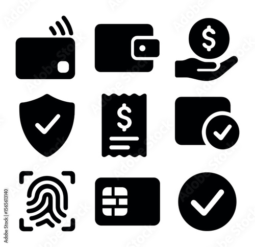 Digital Payment Icons. Solid, filled icons set of digital payment options: contactless card, e-wallet icon,