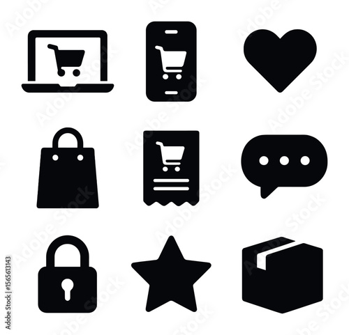 Online Shopping Icons. Solid, filled icons set of online shopping experience: laptop screen, smartphone app,