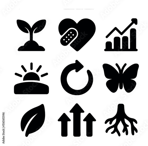 Icons of Growth and Healing. Solid, filled icons set of relationship growth and healing: plant sprout, heart