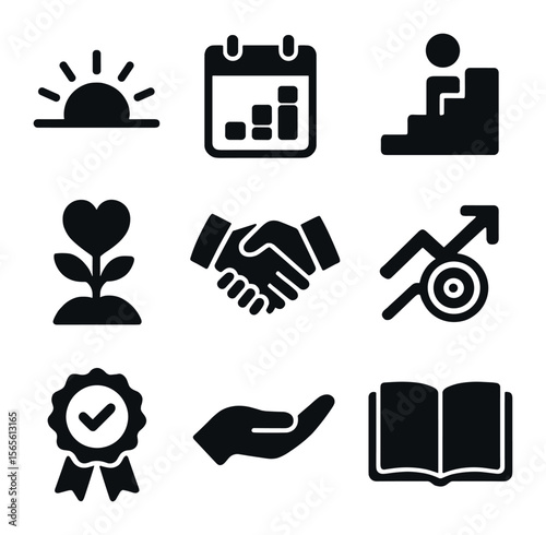 Nurturing Trust Icons. Solid, filled icons set of nurturing trust daily: sunrise icon, daily calendar,