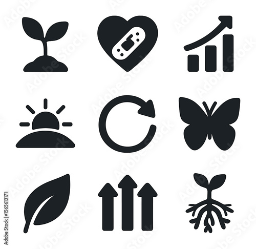 Icons of Growth and Healing. Solid, filled icons set of relationship growth and healing: plant sprout, heart