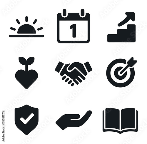 Nurturing Trust Icons. Solid, filled icons set of nurturing trust daily: sunrise icon, daily calendar,