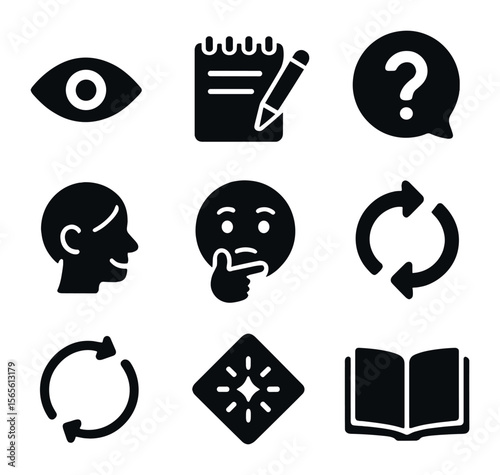 Active Listening Icons. Solid, filled icons set of active listening habits: focused eye, notepad and pen,