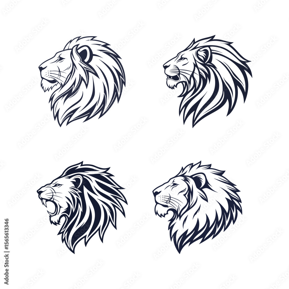 Obraz premium Stylized Lion Head Monochrome Illustrations with Majestic Designs and Distinct Perspectives