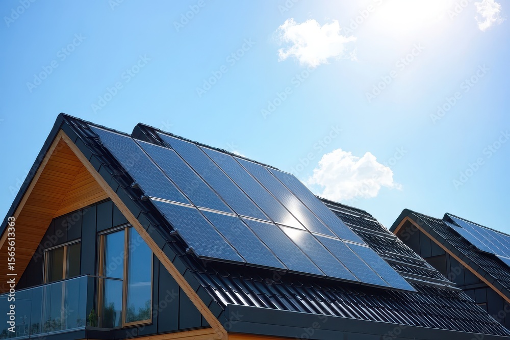 Fototapeta premium Modern Solar Homes: Newly Built Residences Featuring Dark Solar Panels Under a Clear Sky
