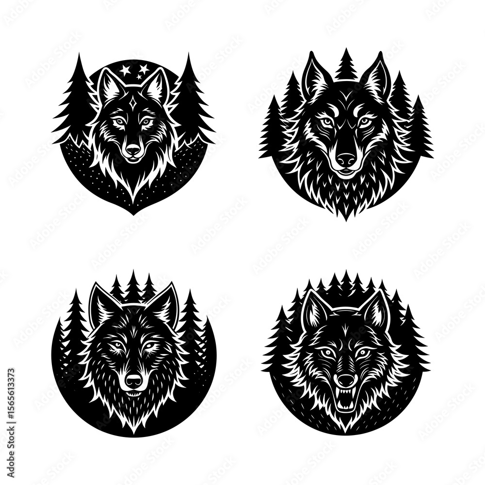 Obraz premium Set of Black and White Wolf Emblems with Forest ElementsSet of Black and White Wolf Emblems with Forest ElementsSet of Black and White Wolf Emblems with Forest ElementsSet of Black and White Wolf Embl