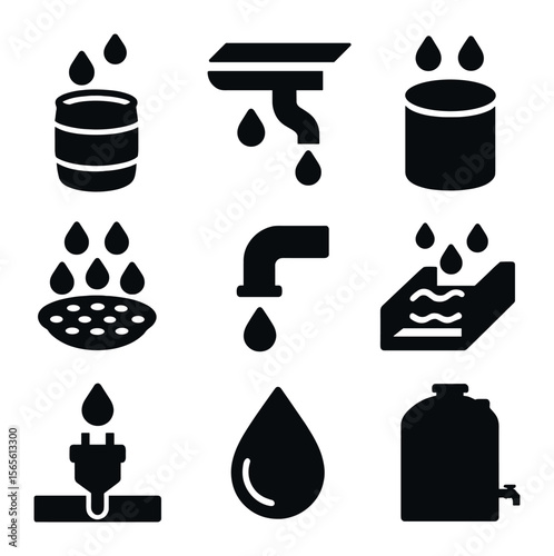 Rainwater Harvesting Icons. Solid, filled icons set of rainwater harvesting methods: rain barrel, rooftop