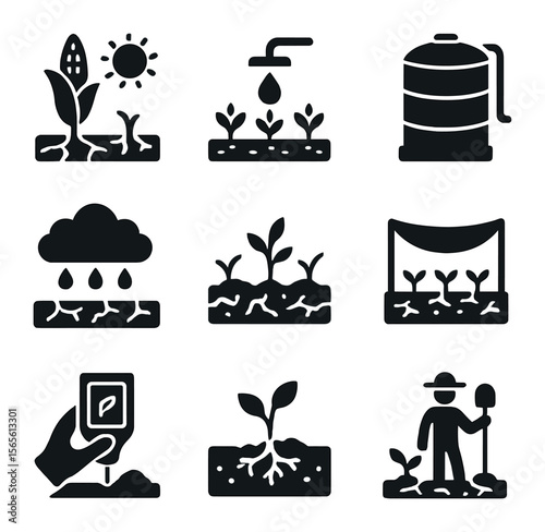 Drought Resilience Icons. Solid, filled icons set of drought resilience strategies: drought-tolerant crop,