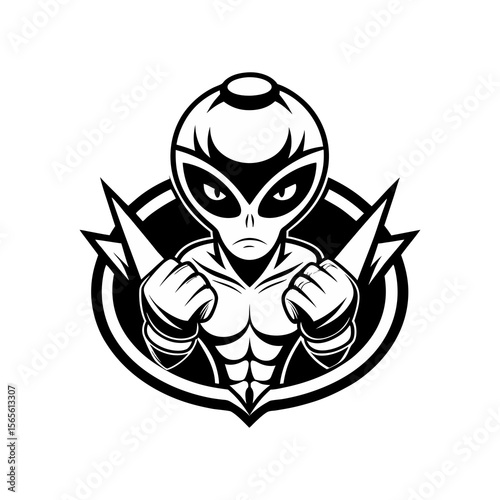 Alien Boxing Mascot in Black and White with Gloves and Stars	
