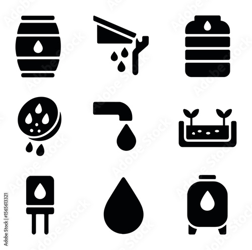 Rainwater Harvesting Icons. Solid, filled icons set of rainwater harvesting methods: rain barrel, rooftop